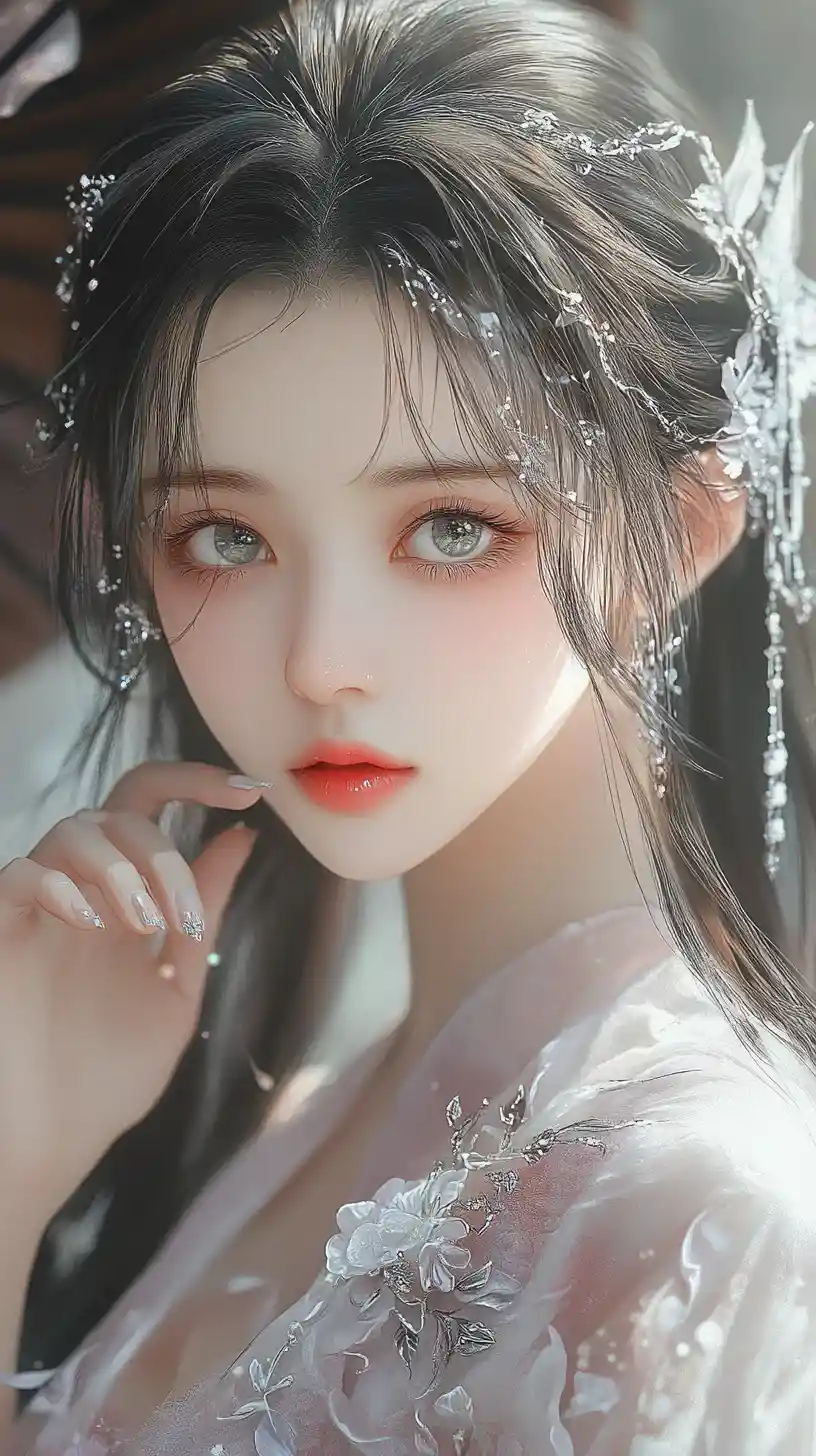 Ethereal anime girl in pastel traditional dress portrait