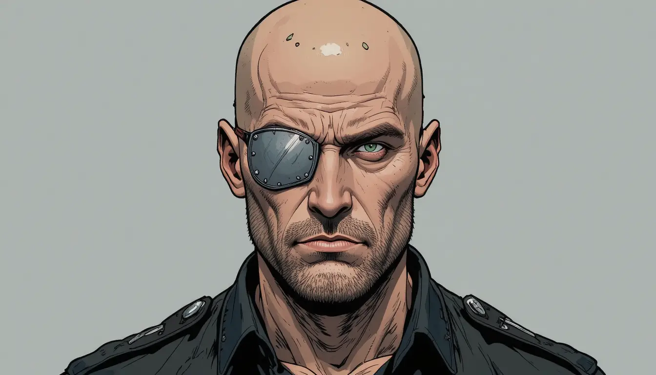 Retrato de homem careca severo com tapa-olho metálico