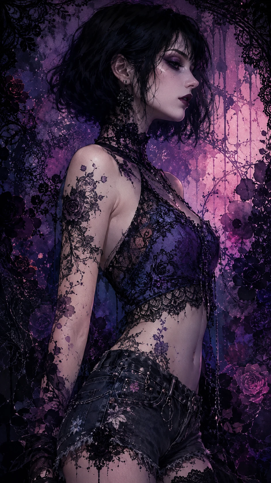 Gothic woman in profile with lace and floral details