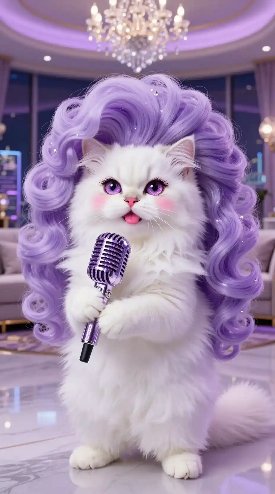 Glamorous white cat singing into a purple crystal microphone