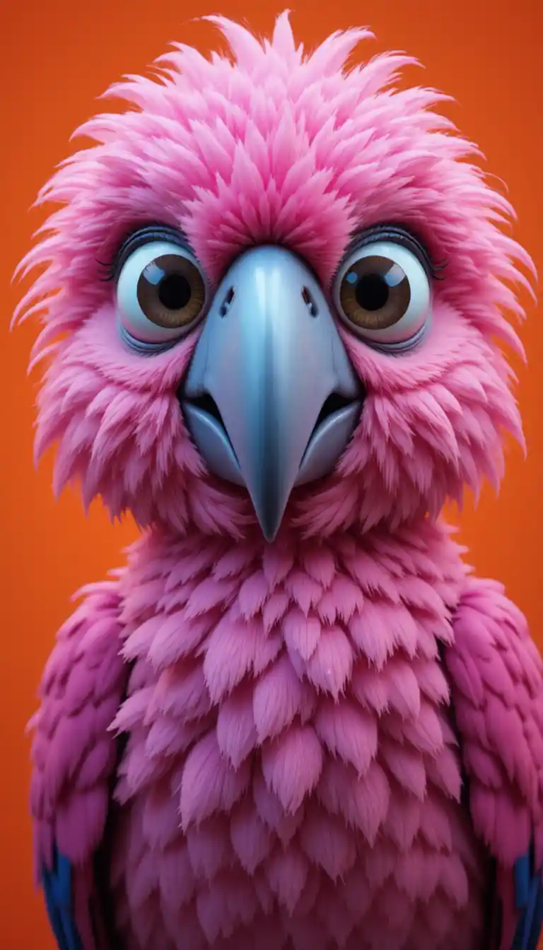 Pink cartoon parrot close up on warm orange background