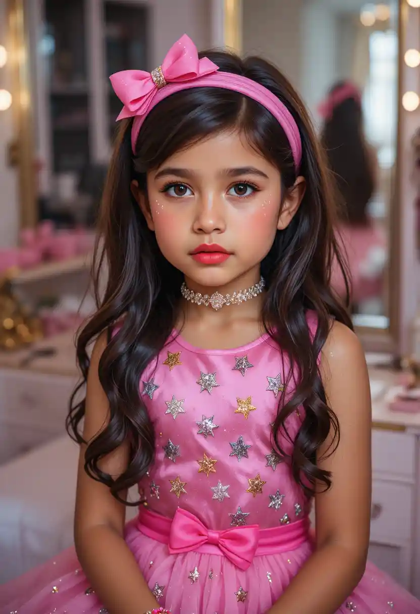 Nervous tween in bright pink star dress at vanity
