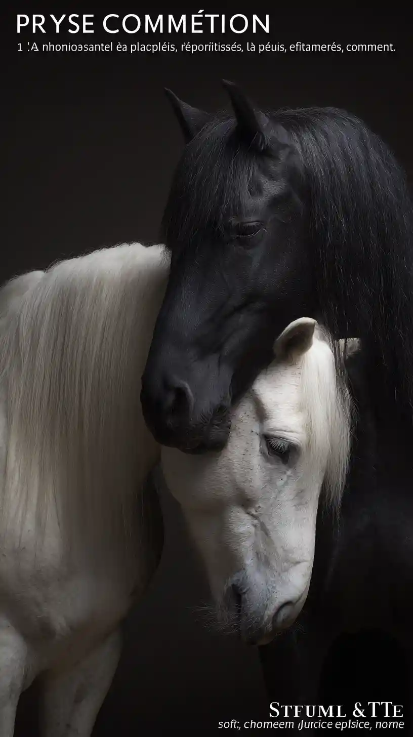 Intimate close up portrait of black and white horses