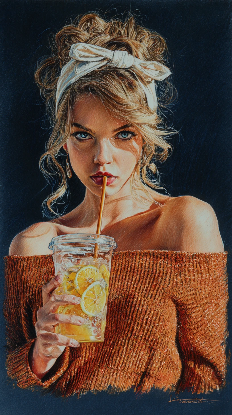 Defiant blonde girl portrait sipping lemonade with fierce gaze