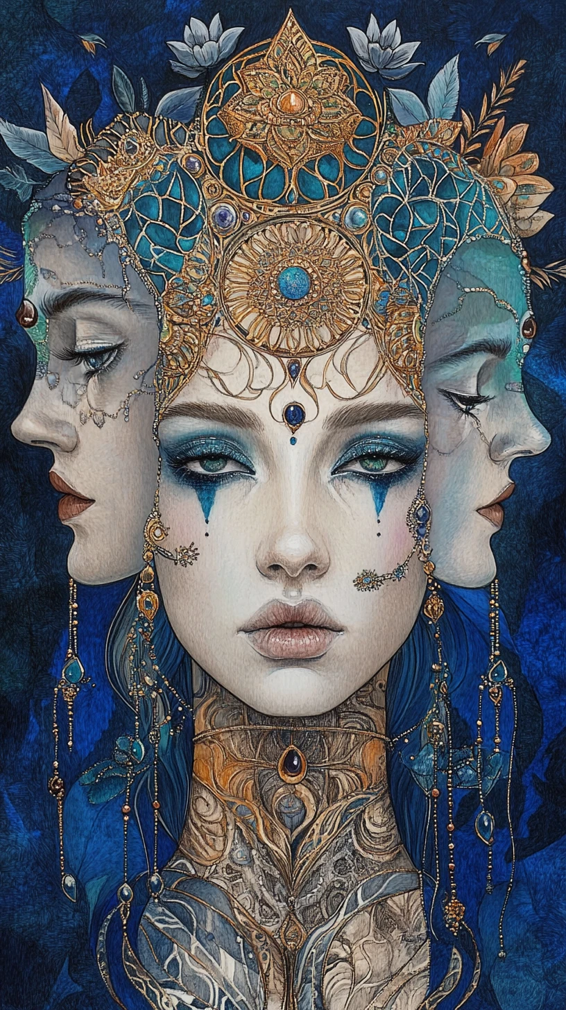 Surreal overlapping female faces with jeweled lotus headdress
