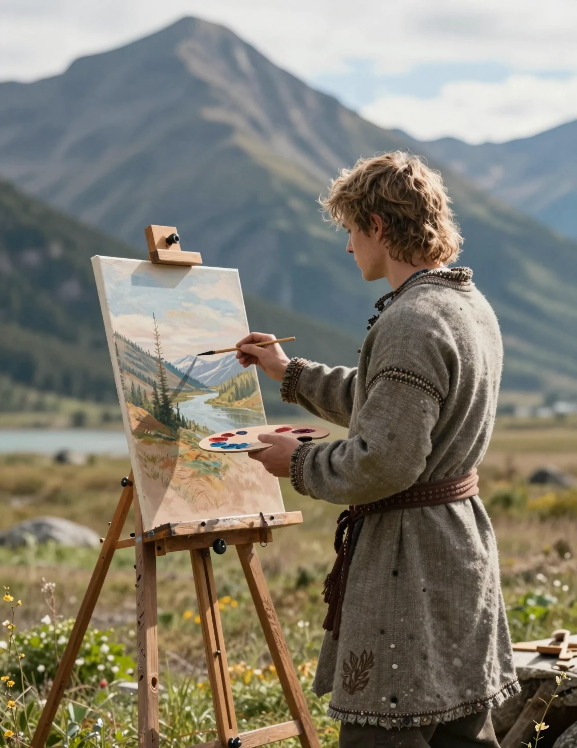 Giovane che dipinge un paesaggio montano fantastico e soleggiato