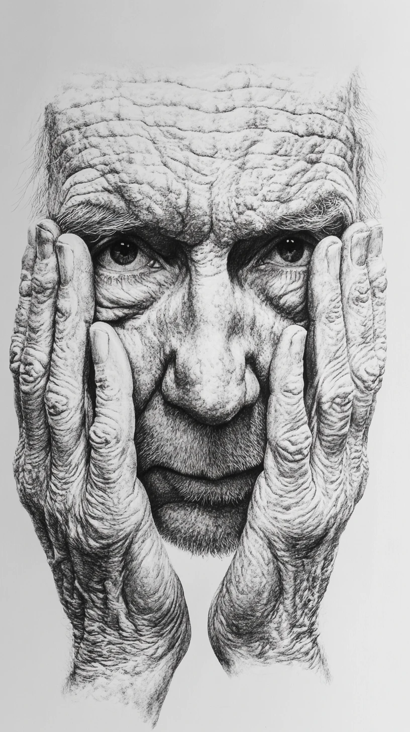 Hyperreal pencil portrait of an old man in prayer