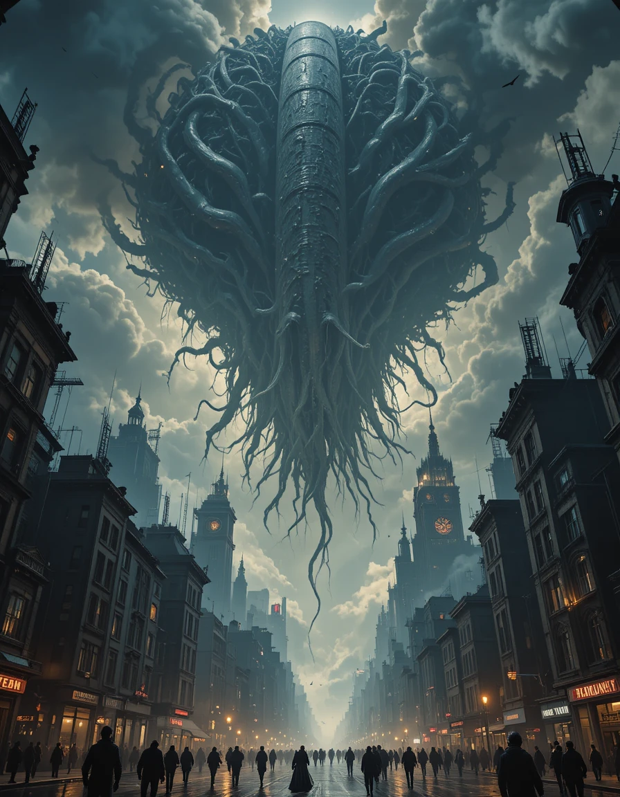 Colossal cosmic monster consuming a city from above