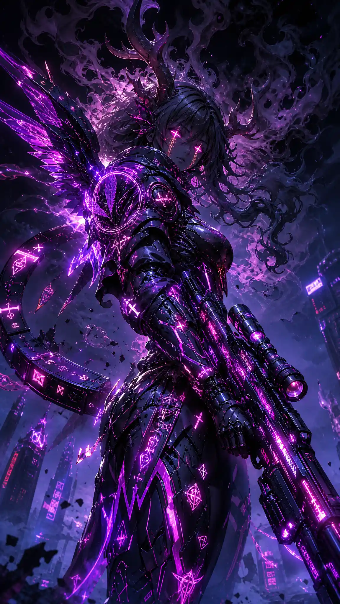 Cyberpunk woman with neon sniper rifle dissolving into smoke
