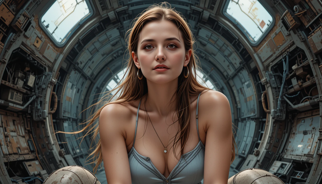 Giovane donna davanti alla hull invecchiata di un'astronave