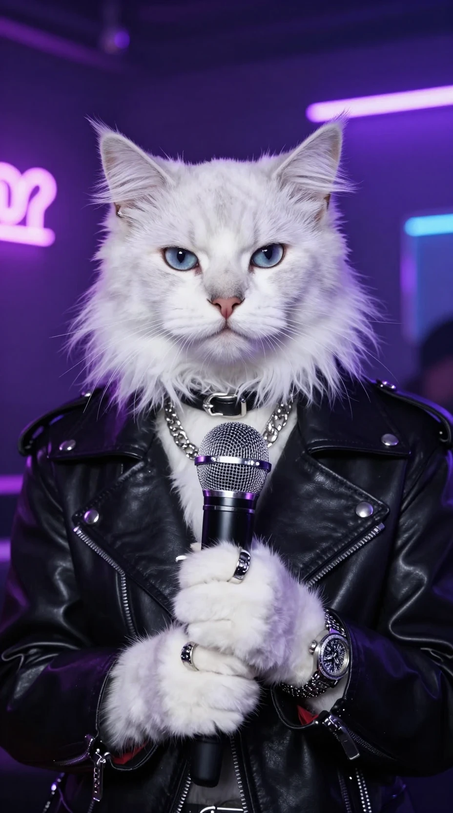 Stylish white cat idol holding a black crystal microphone