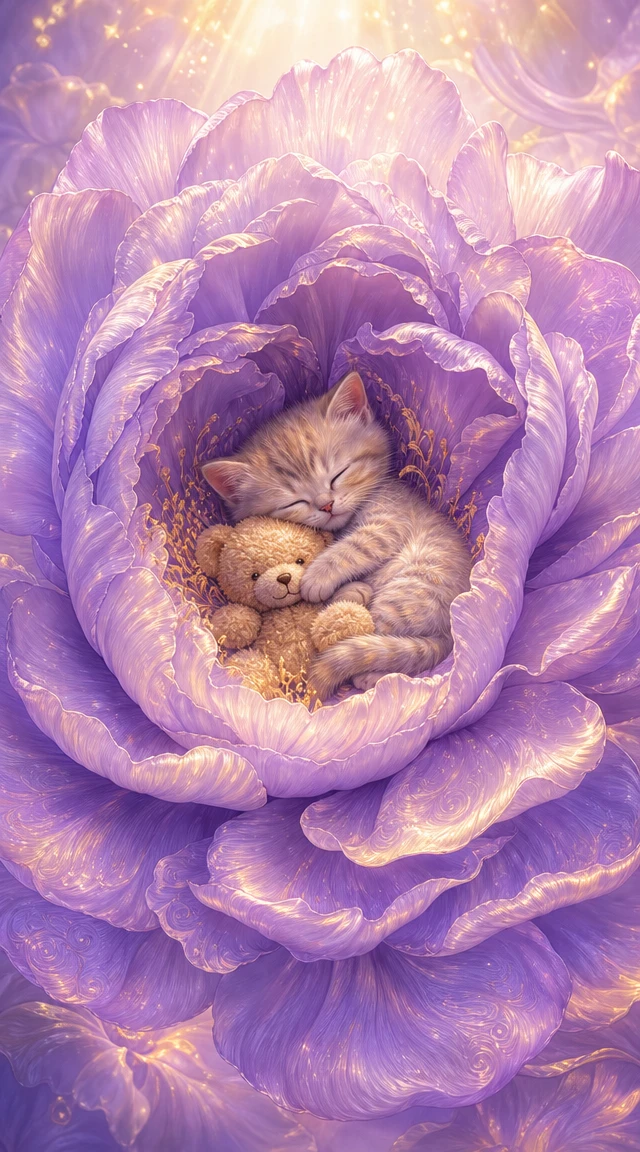 Sleeping kitten and teddy nestled in a giant flower