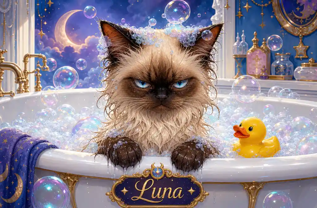Grumpy Siamese kitten in a bubble filled bathtub