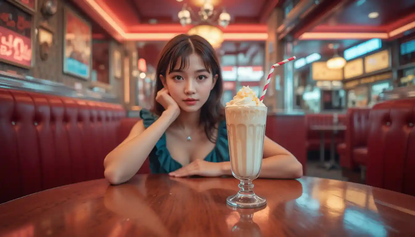 Flirtatious girl in teal dress at vintage diner booth