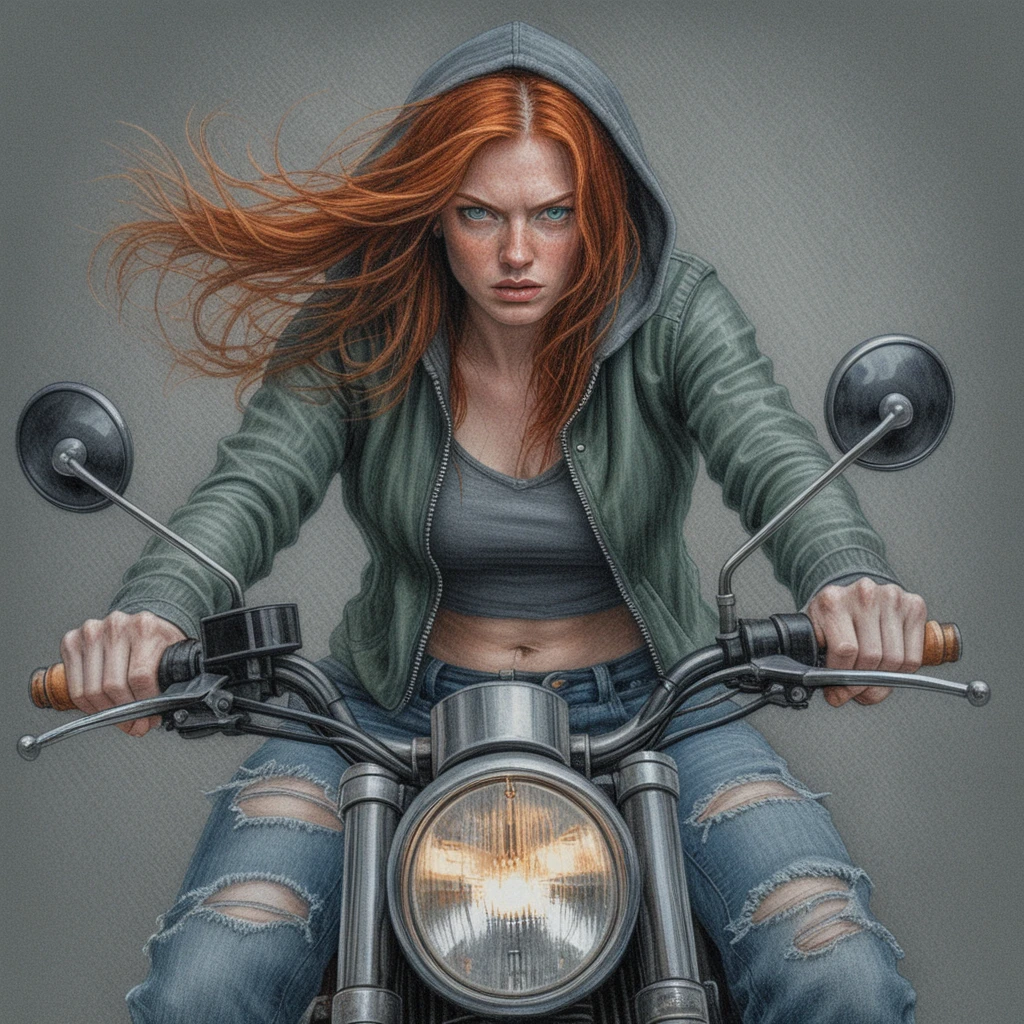 Red haired woman on cafe racer motorcycle facing camera