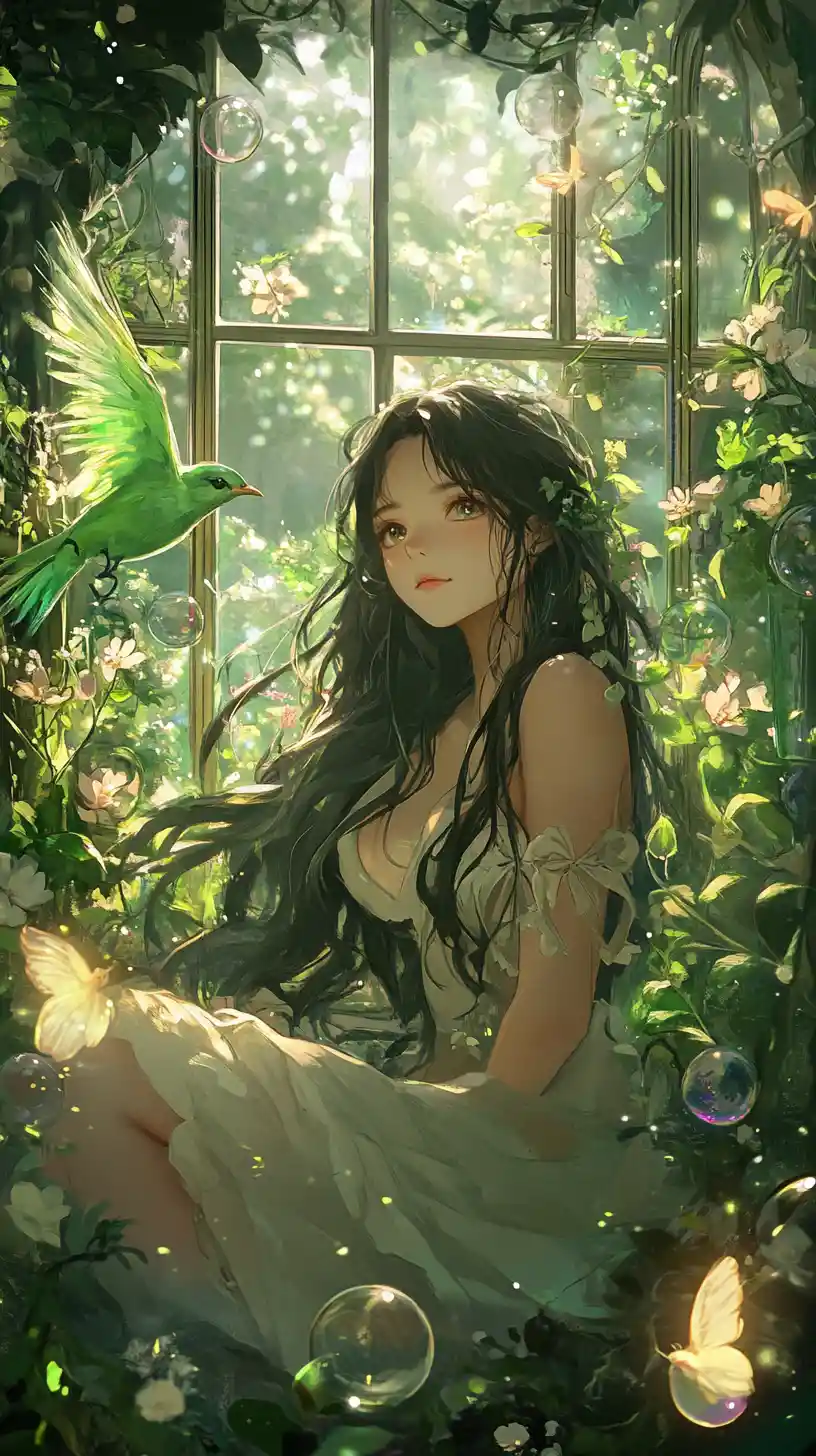 Anime girl in an enchanted greenhouse with glowing bird
