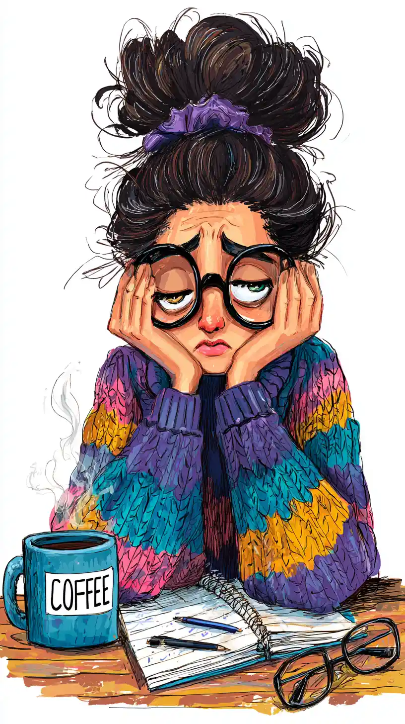 Tired woman with huge hair bun and coffee at table