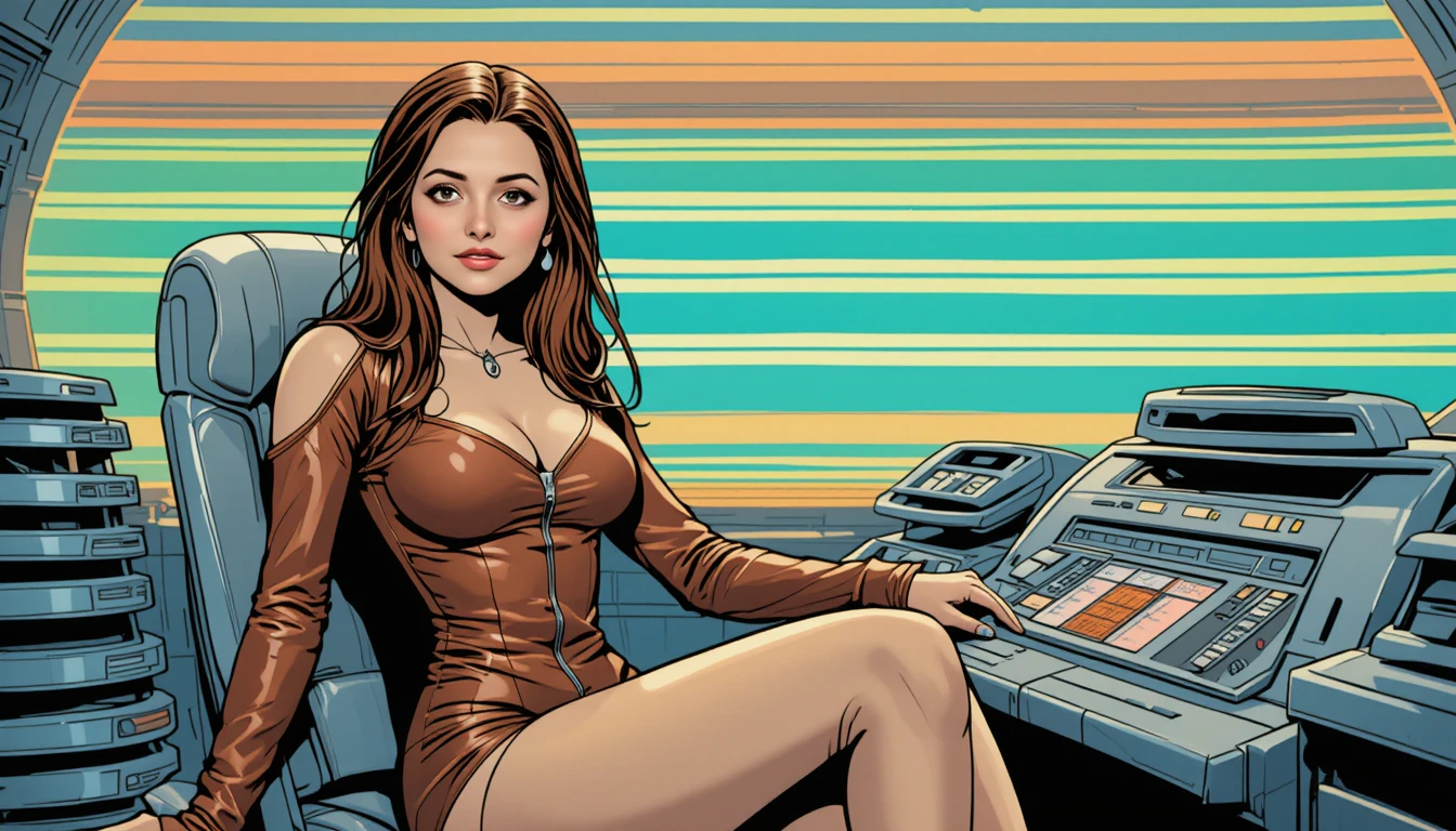 Sci fi woman at control panel in striped futuristic room
