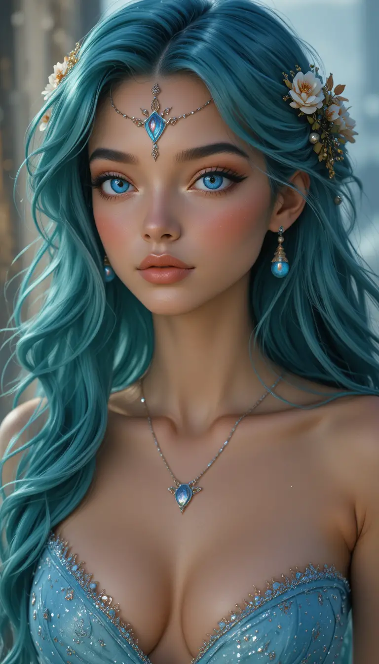 Graceful mermaid nymph woman with flowing ocean colored hair