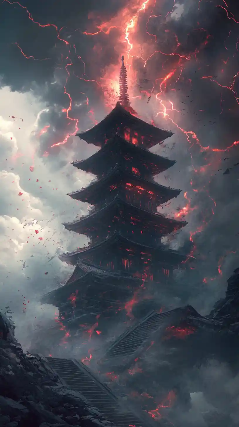 Ancient Japanese pagoda engulfed in swirling crimson energy