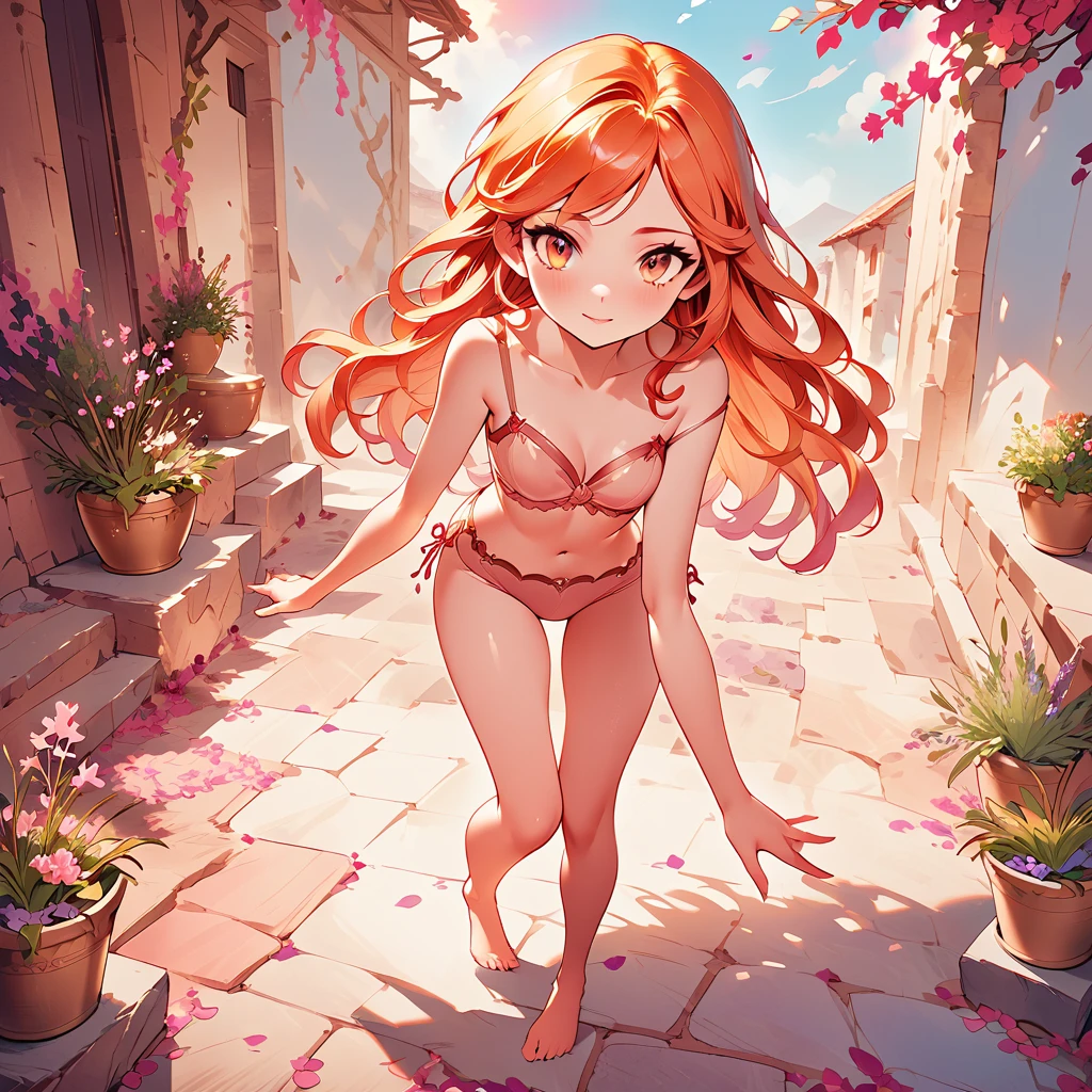 Dreamy young woman in a sunlit Mediterranean courtyard