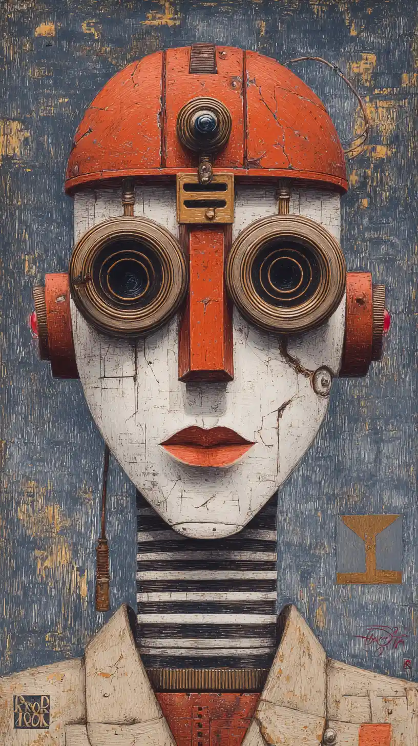 Surreal android portrait with cracked white face and red helmet
