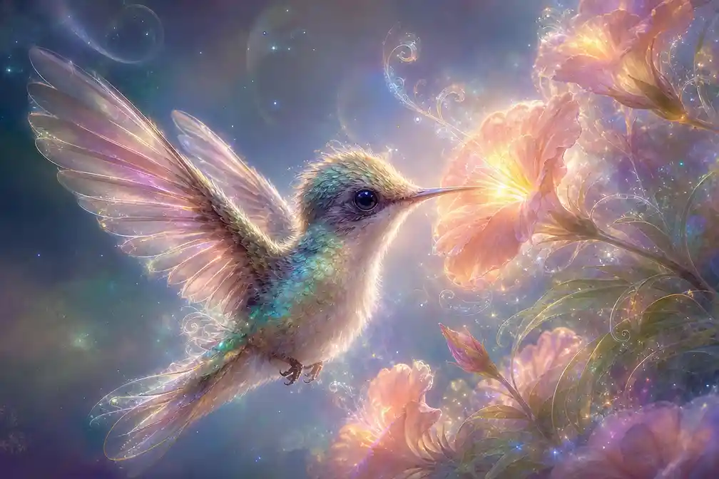 Dreamy baby hummingbird hovering beside glowing flowers