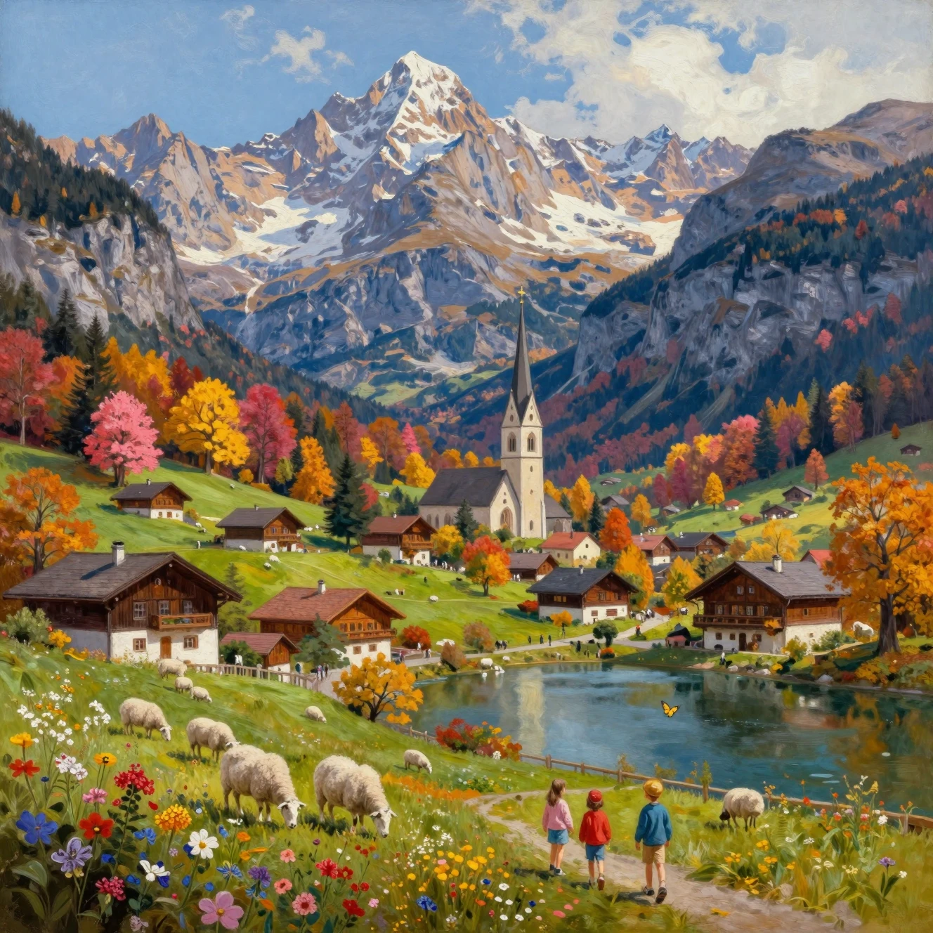 Serene Alpine Mountain Village By A Quiet Autumn Lake