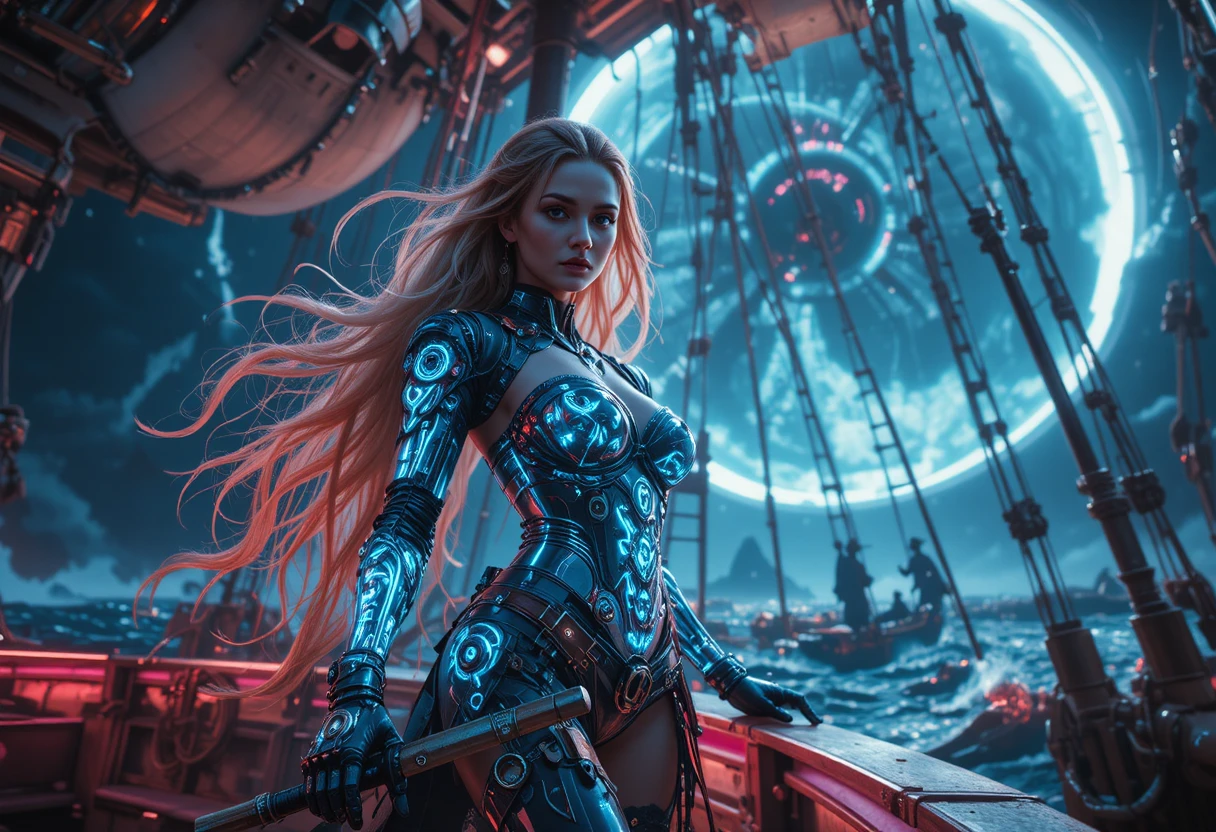 Principessa pirata cibernetica su un galeone biomeccanico al neon
