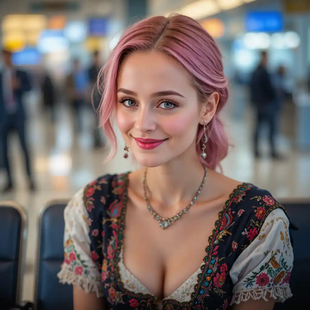 Woman in peasant dress resting in a modern airport lounge