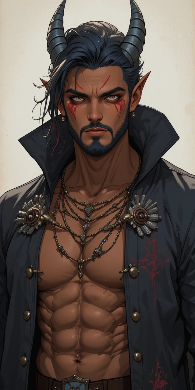 Muscular anime warrior with dragon horns and dark armor coat
