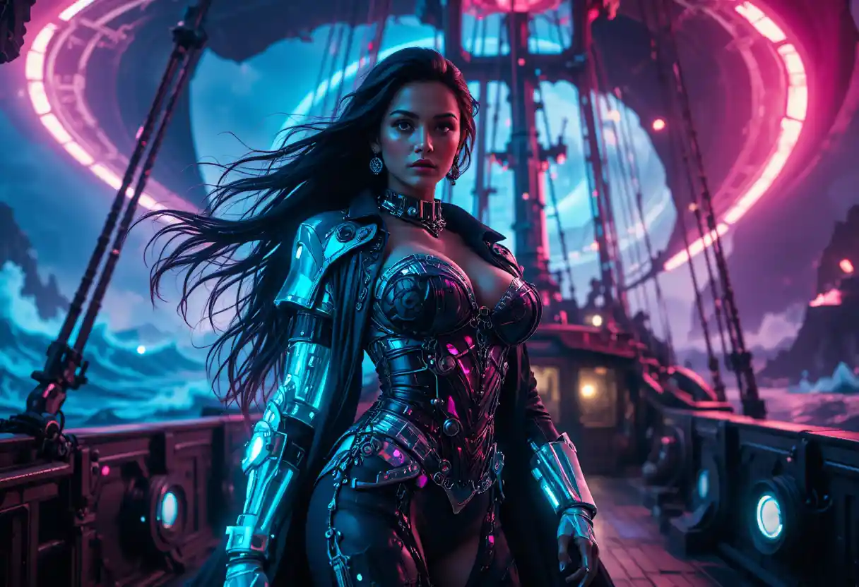 Cybernetic pirate princess on neon galleon deck at sea