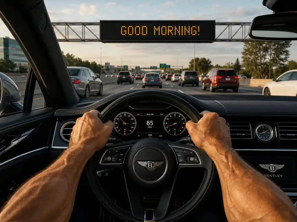 Driving on a busy highway toward a glowing message sign