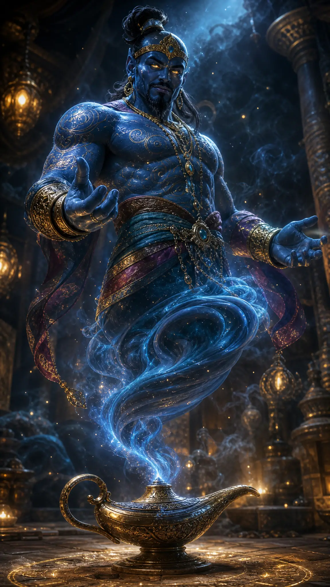 Majestic blue genie rising from ornate brass lamp