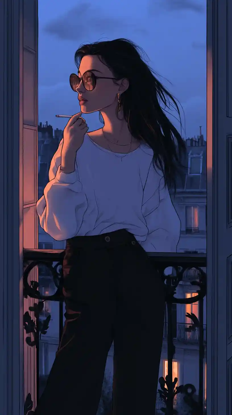 Young woman smoking on a Paris balcony at night