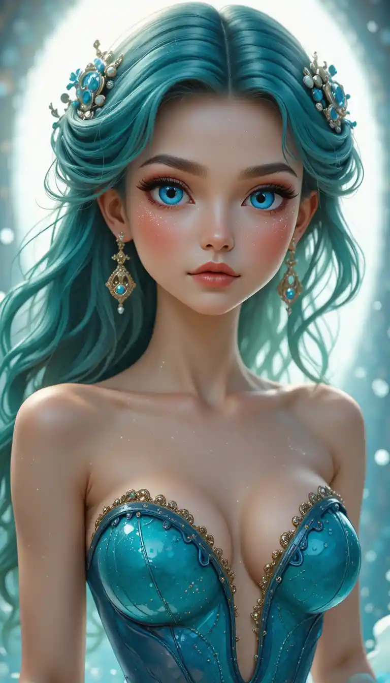 Graceful anime mermaid nymph woman with ocean colored hair