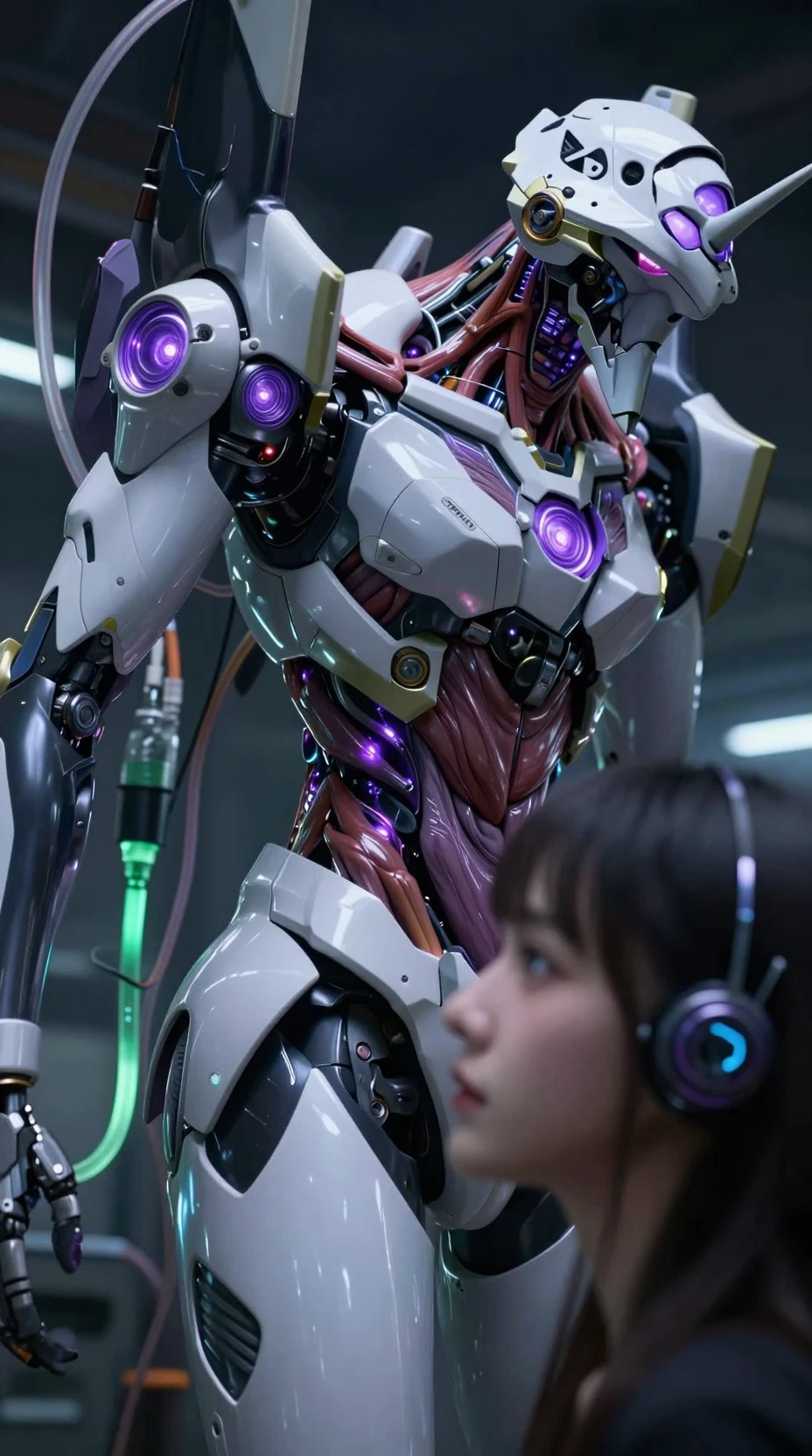 Anime pilot girl linked to biomechanical mecha in lab