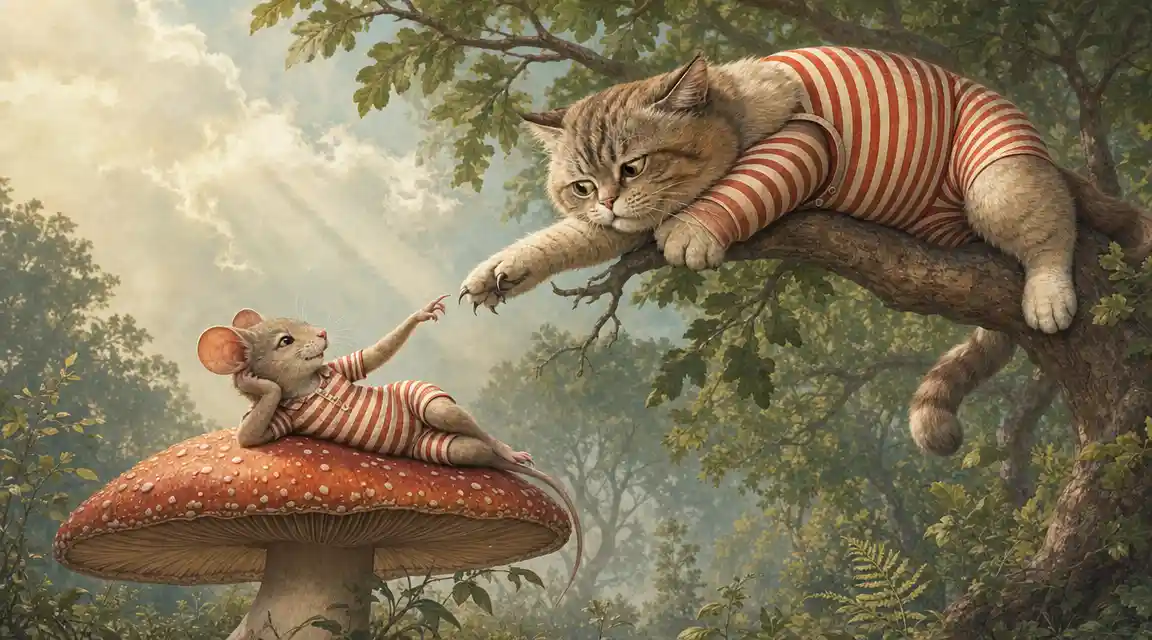 Cartoon cat and mouse parody of the Creation of Adam