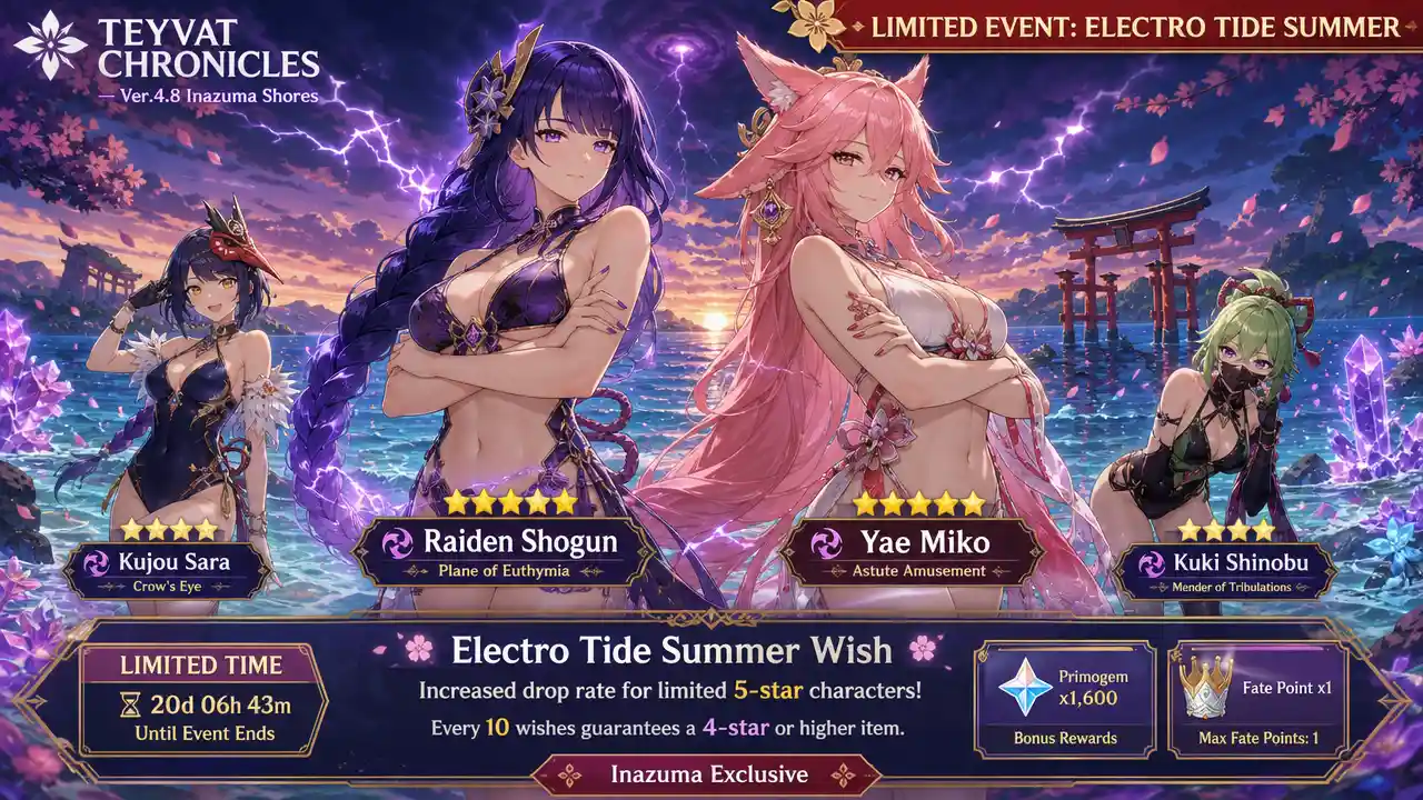 Anime heroines on an Inazuma beach at sunset