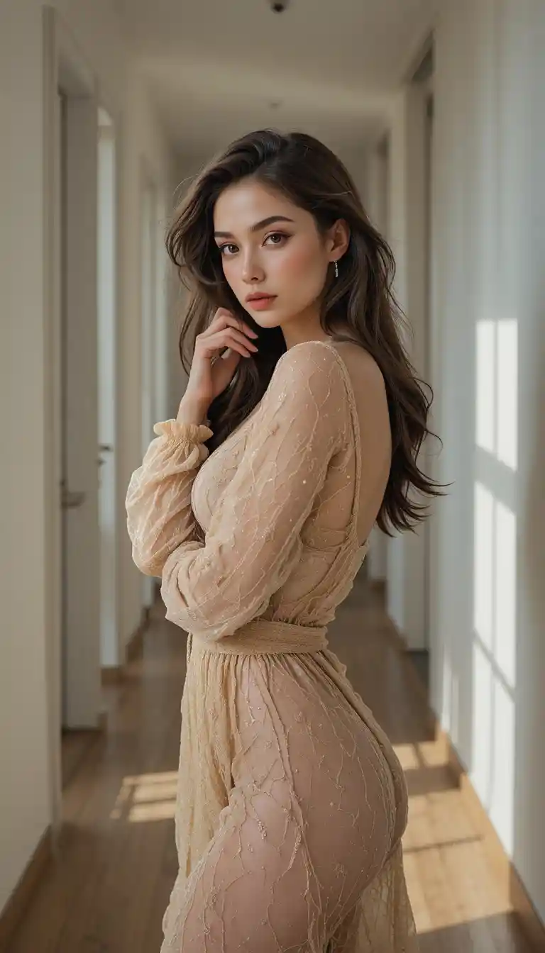 Confident nude woman in a modern indoor hallway