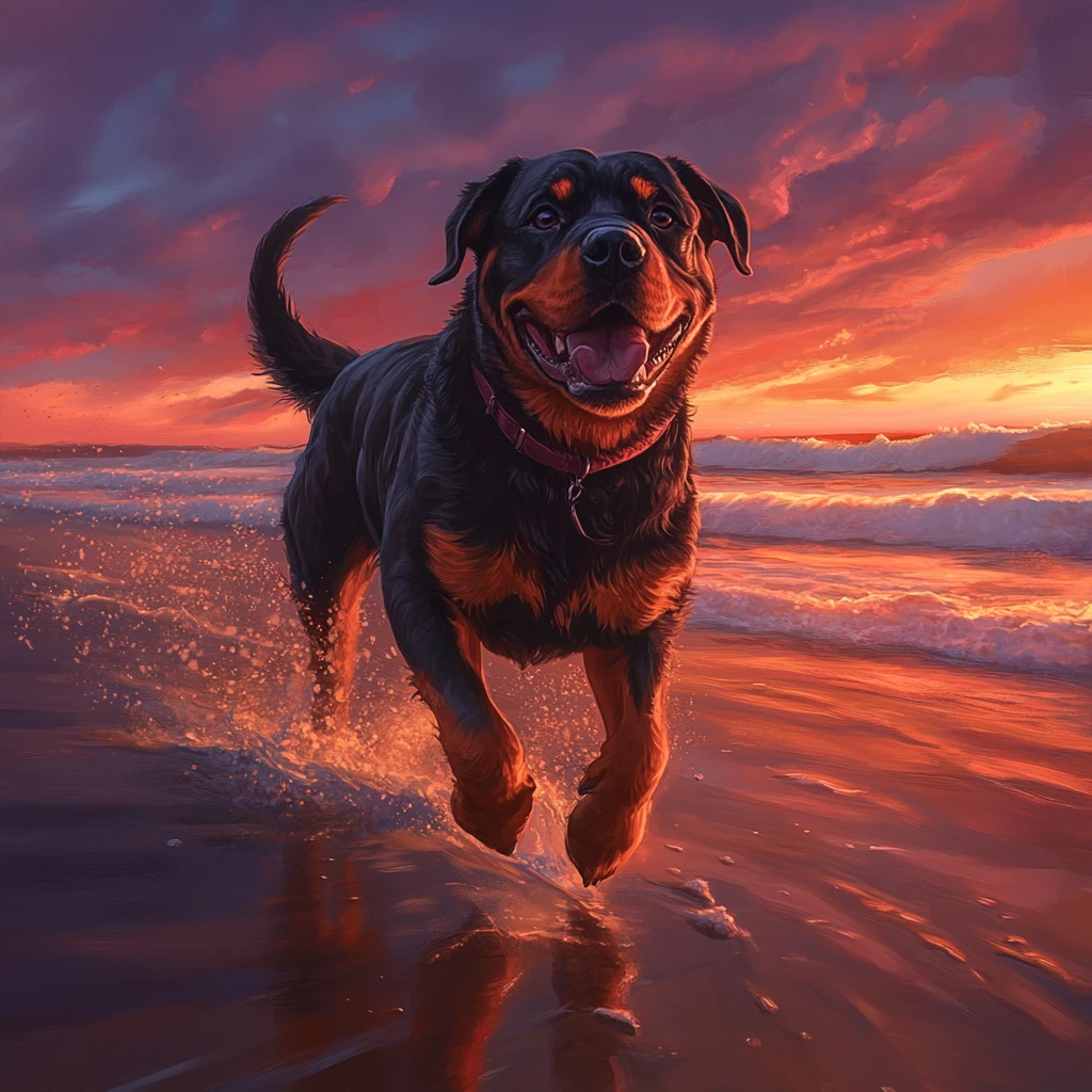 Rottweiler running along a golden beach at sunset