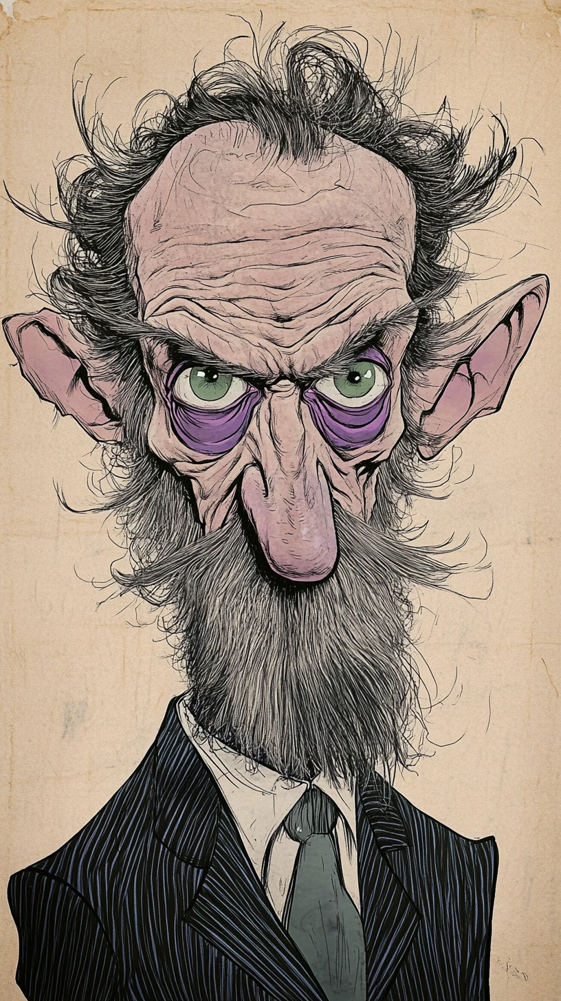 Caricature Portrait Of Gaunt Elderly Man In Ink Illustration