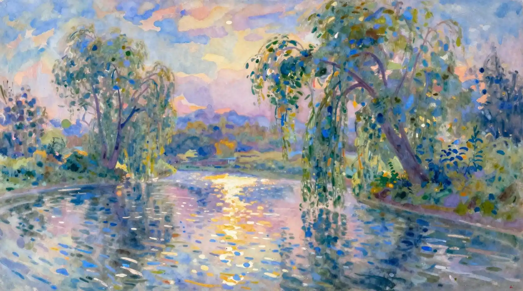 Impressionist watercolor riverbank with willows and soft sunlight