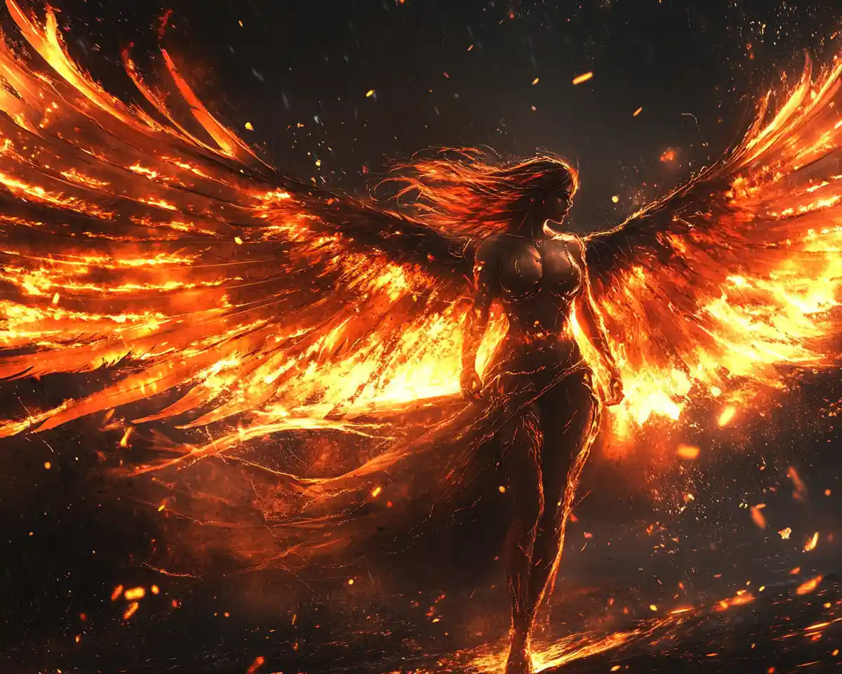 Dark angel with flaming wings in powerful dramatic pose
