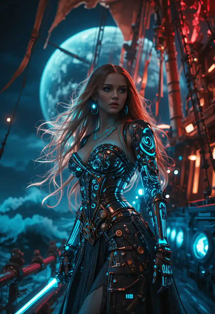 Cybernetic pirate princess on neon biomechanical ship
