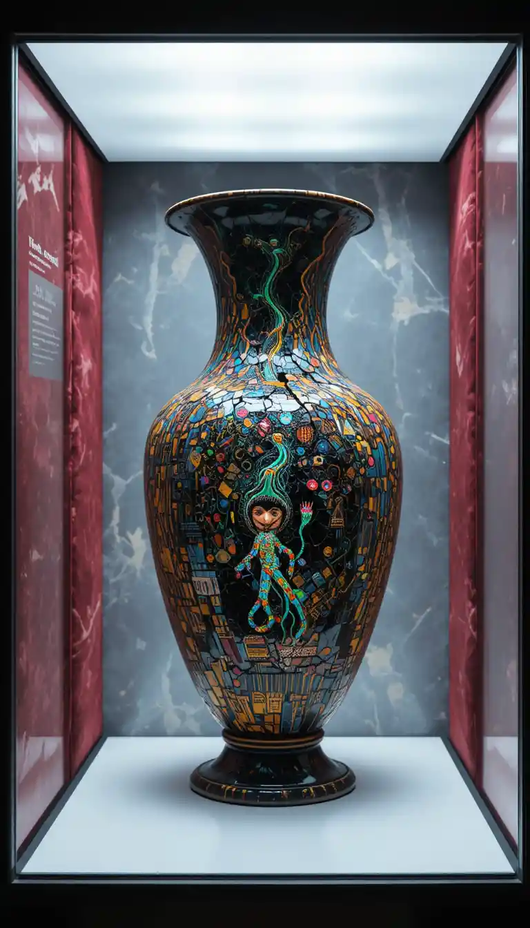Ancient mosaic vase with sci fi symbiont in display case