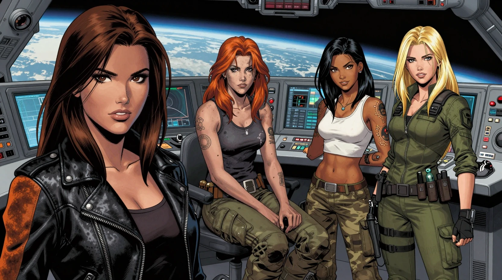 Confident brunette in leather jacket aboard a sci fi ship
