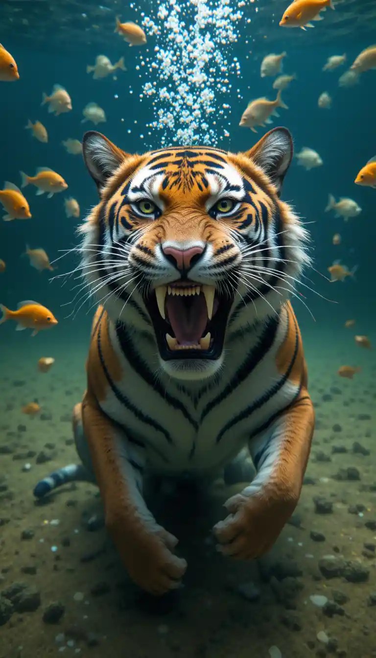 Bengal tiger baring sharp teeth in murky green water