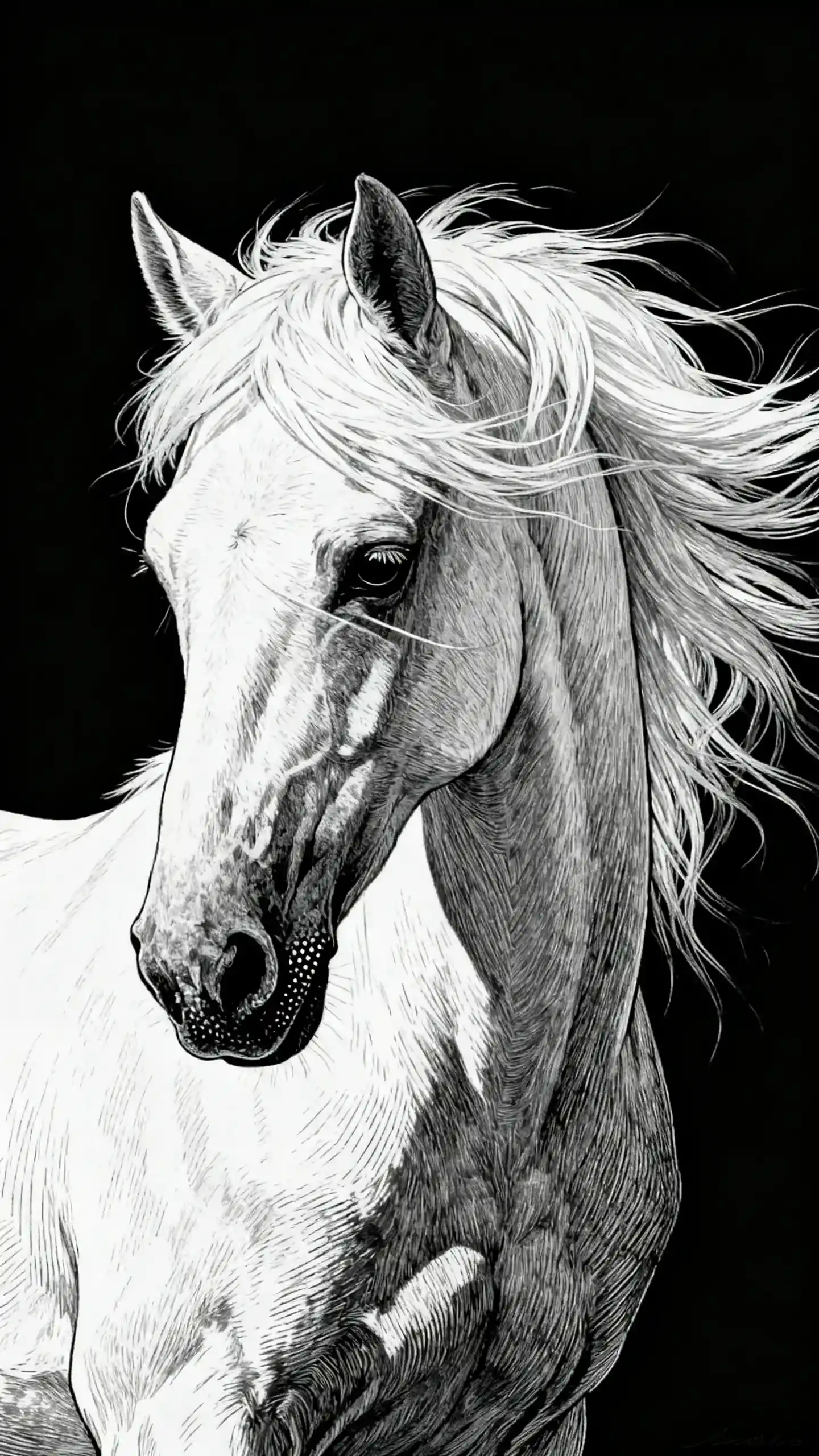 White arabian horse scratchboard portrait with flowing mane