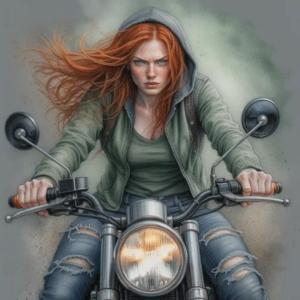 Red haired woman on cafe racer motorcycle in pencil art